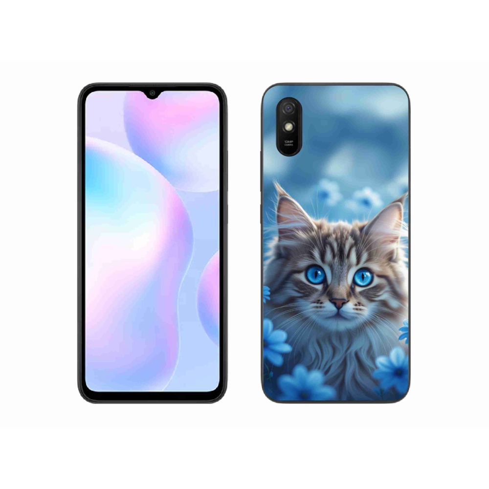 Gélový kryt mmCase na Xiaomi Redmi 9A - mačiatko v modrých kvetoch