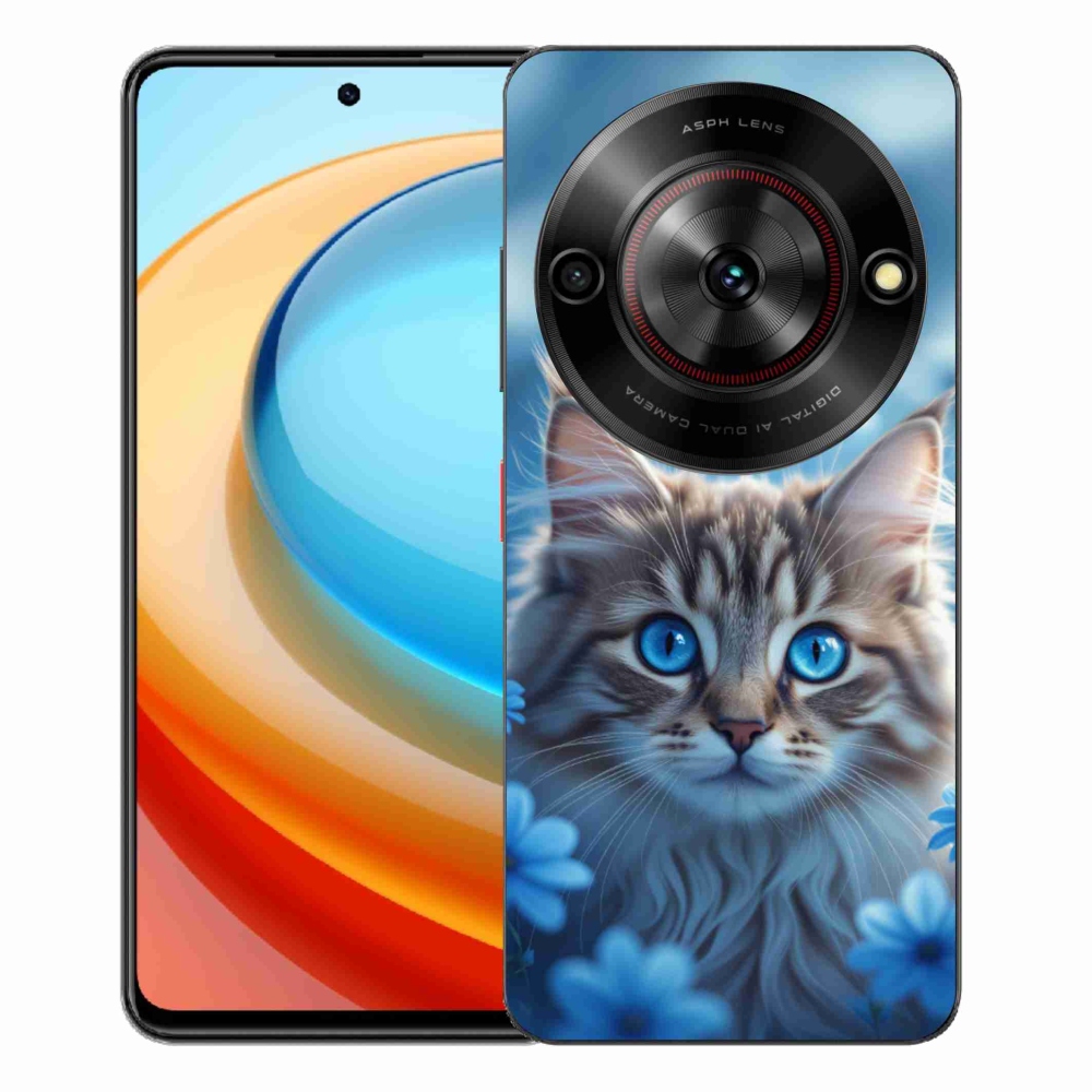 Gélový kryt mmCase na ZTE Blade A75 - mačiatko v modrých kvetoch