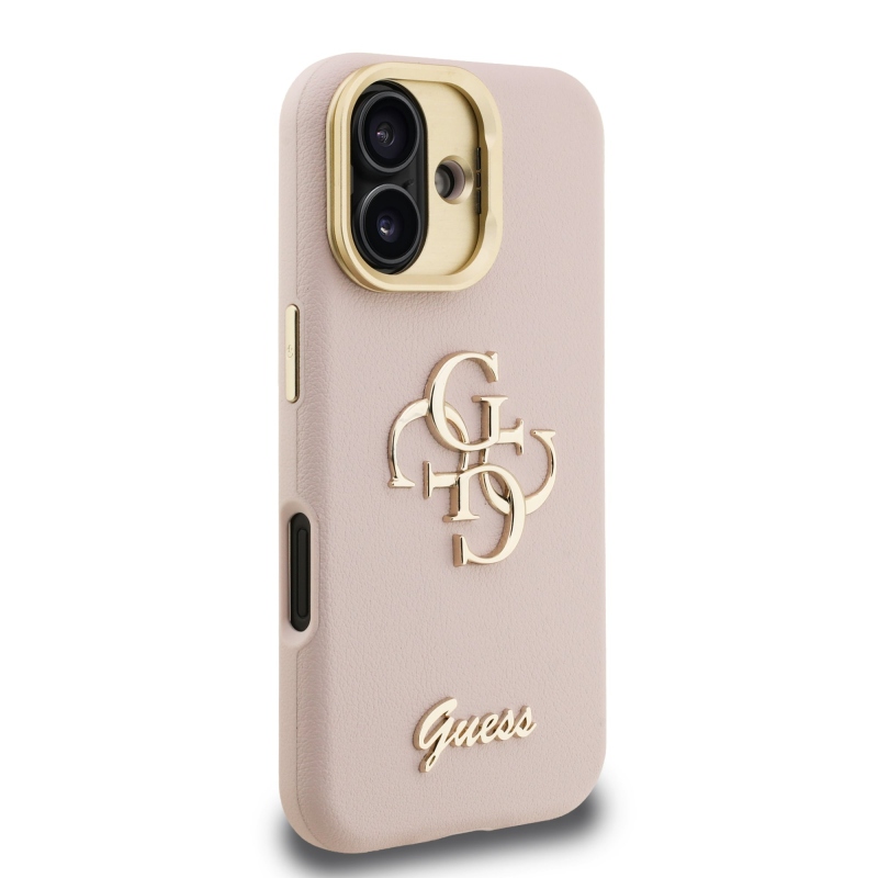 Guess PU Grained 4G Logo Stand Camera Frame Zadný Kryt pre iPhone 16 Pink