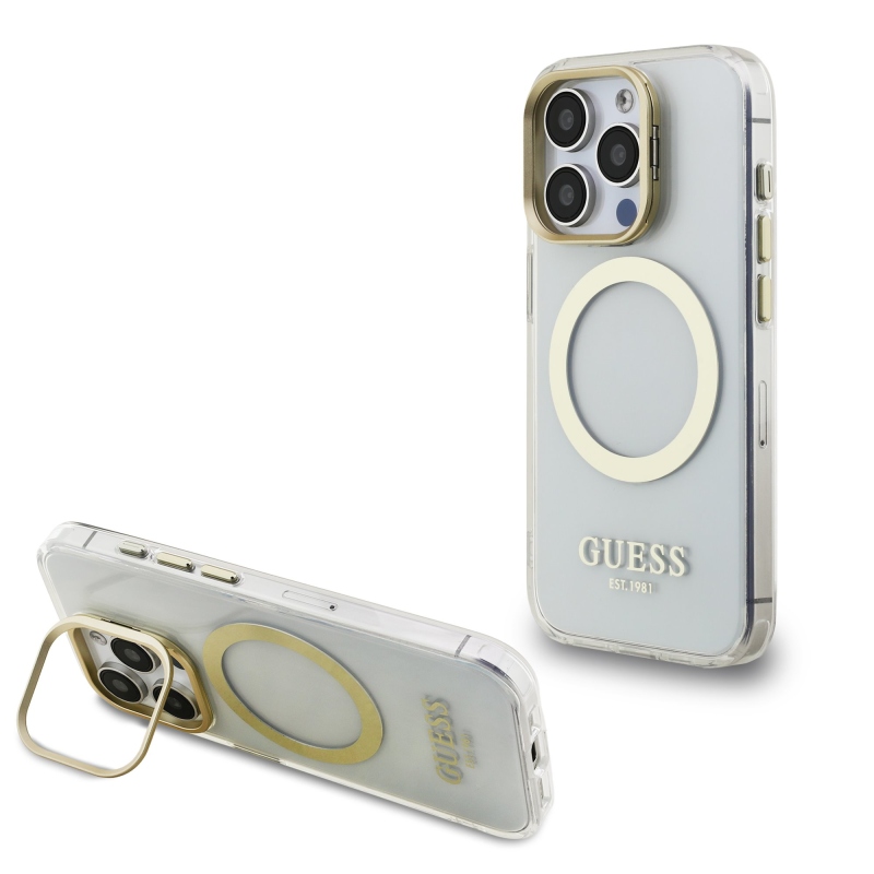 Guess IML Gold Outline Stand Camera Frame MagSafe Zadný Kryt pre iPhone 15 Pro Transparent