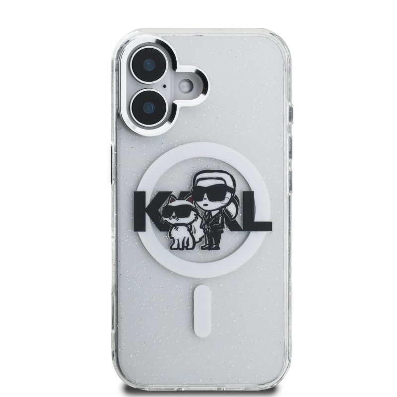 Karl Lagerfeld IML Glitter Karl and Choupette Sketch MagSafe Zadný Kryt pre iPhone 16 Transparent