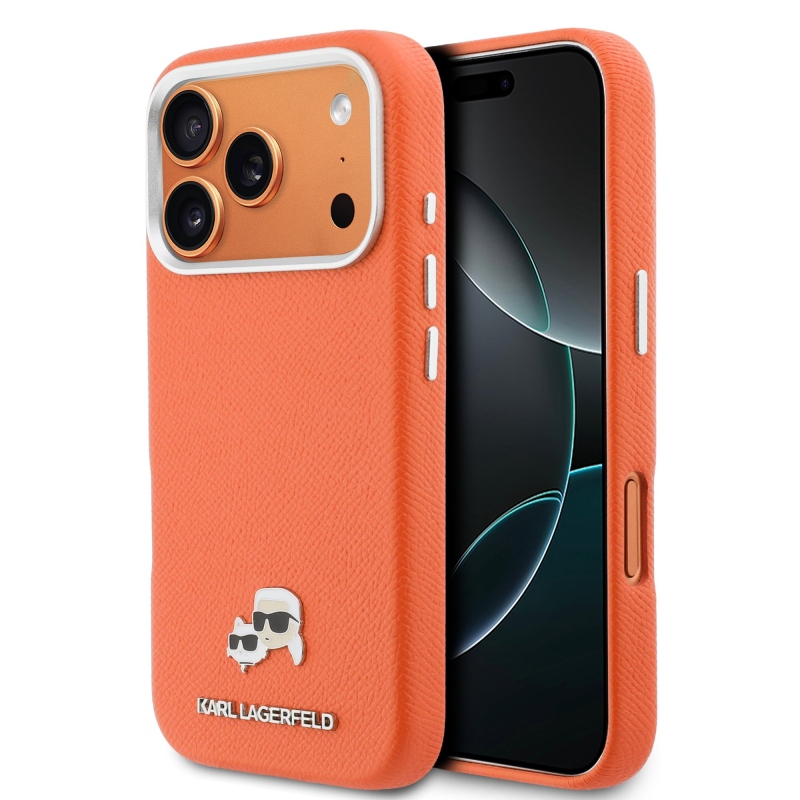Karl Lagerfeld PU Karl and Choupette Heads Pins MagSafe zadný kryt pre iPhone 17 Pro Max Orange