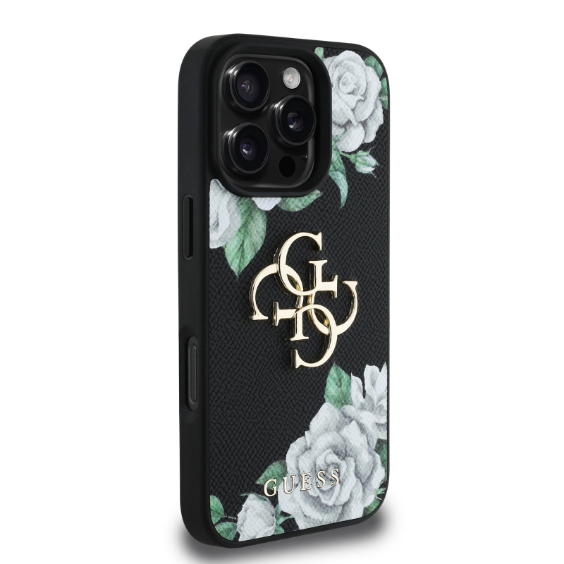 Guess PU Grained Roses 4G Metal Logo Zadný Kryt pre iPhone 16 Pro Black