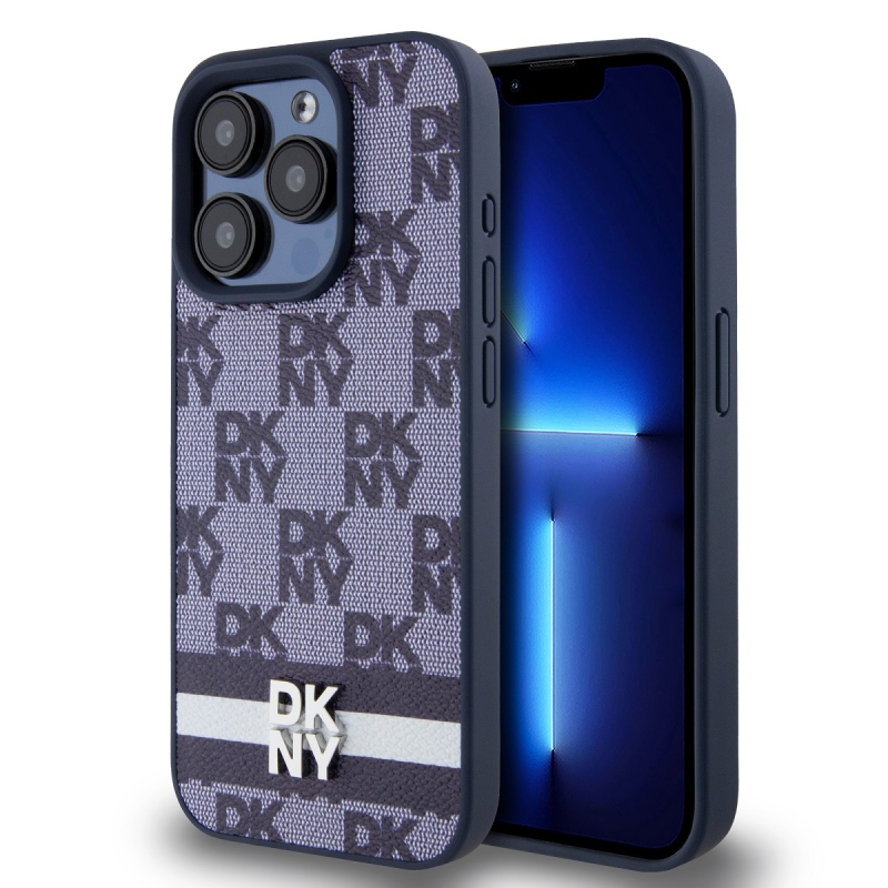 DKNY PU Leather Checkered Pattern and Stripe Zadný Kryt pre iPhone 15 Pro Blue