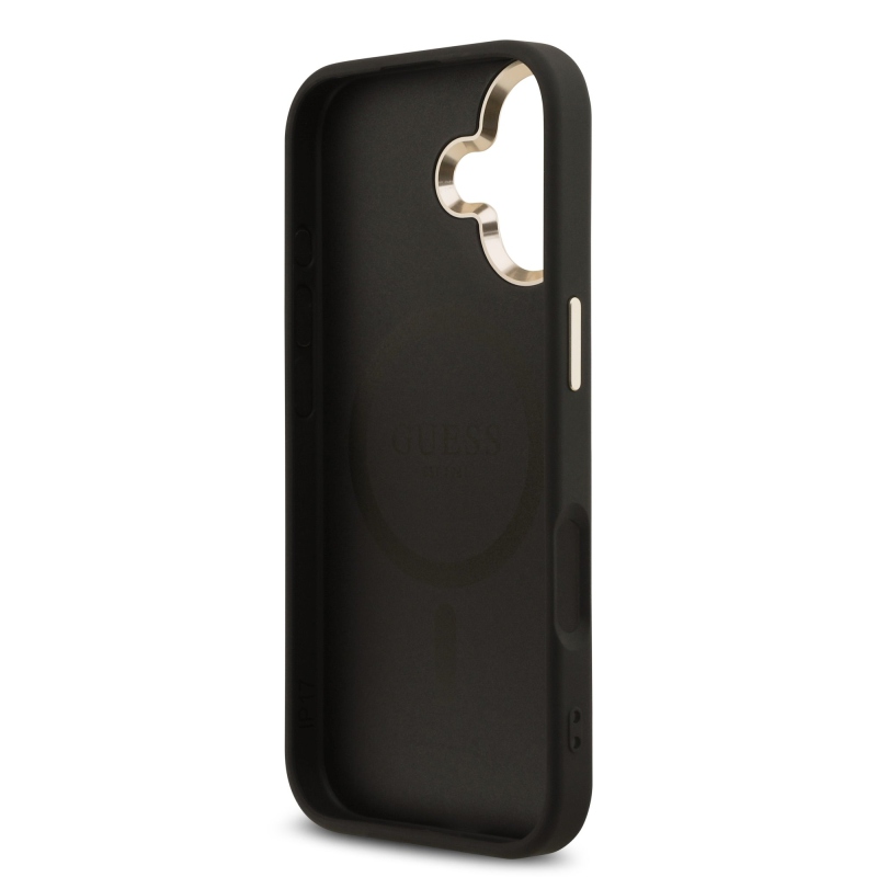 Guess PU kožený zadný kryt 4G Triangle Logo Gold Frame MagSafe pre iPhone 17 Black