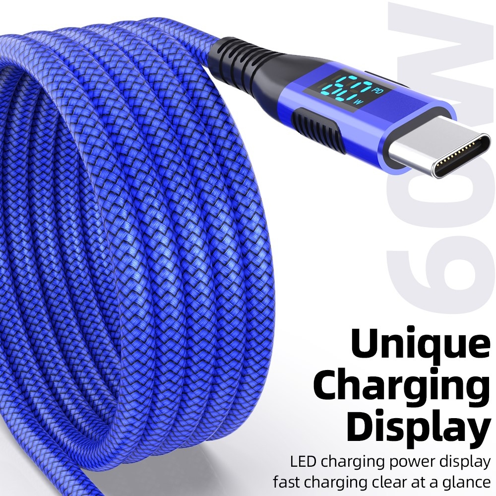 Nylonový kábel USB-C/USB-C s displejom 3m 60W - modrý