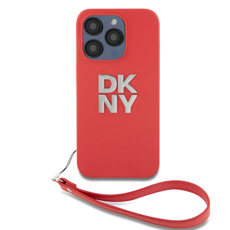 DKNY PU Leather Stack Logo Wrist Strap Zadný Kryt pre iPhone 14 Pro Red