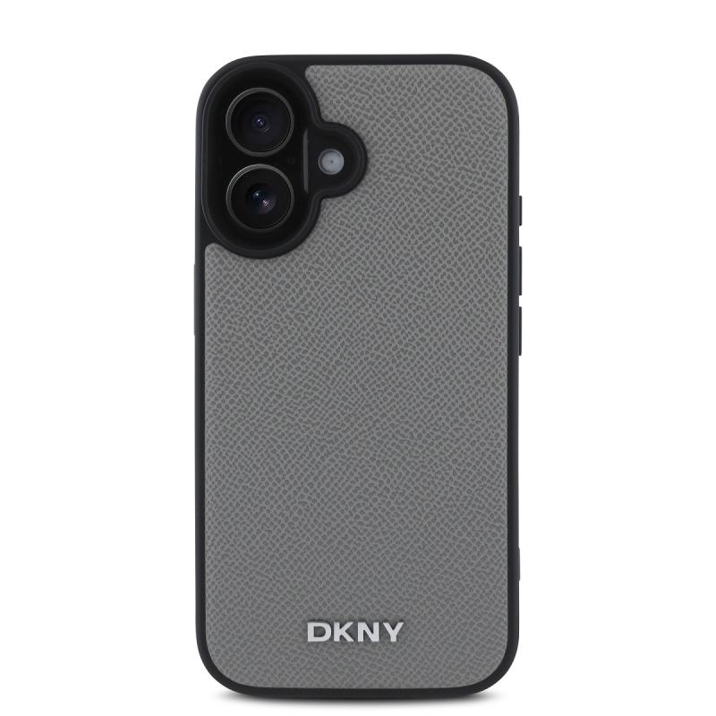 DKNY PU Leather Silver Metal Logo Magsafe Zadný Kryt pre iPhone 16 Grey