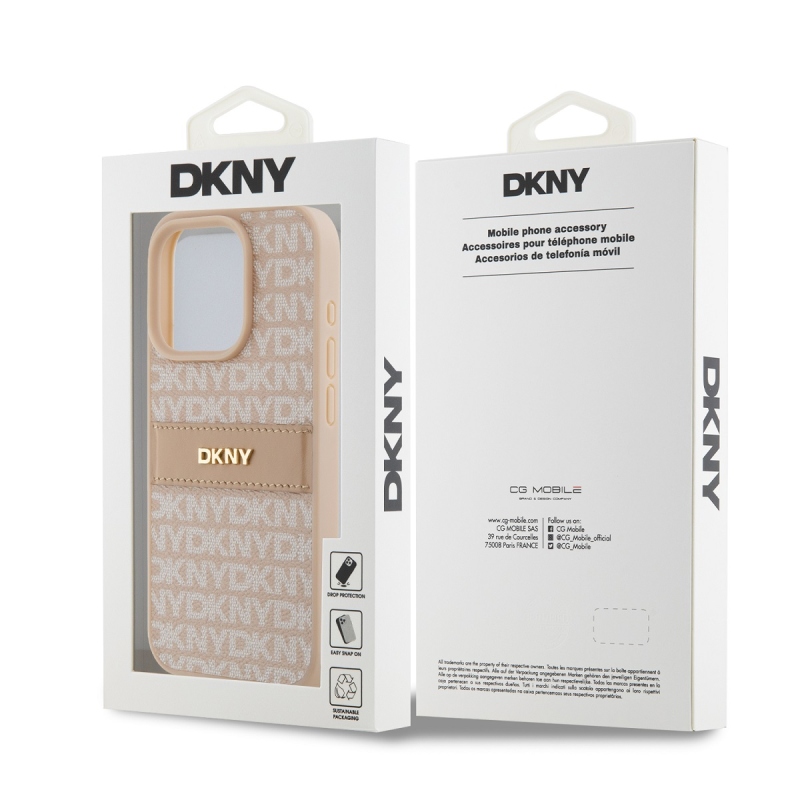 DKNY PU Leather Repeat Pattern Tonal Stripe Zadný Kryt pre iPhone 14 Pro Pink