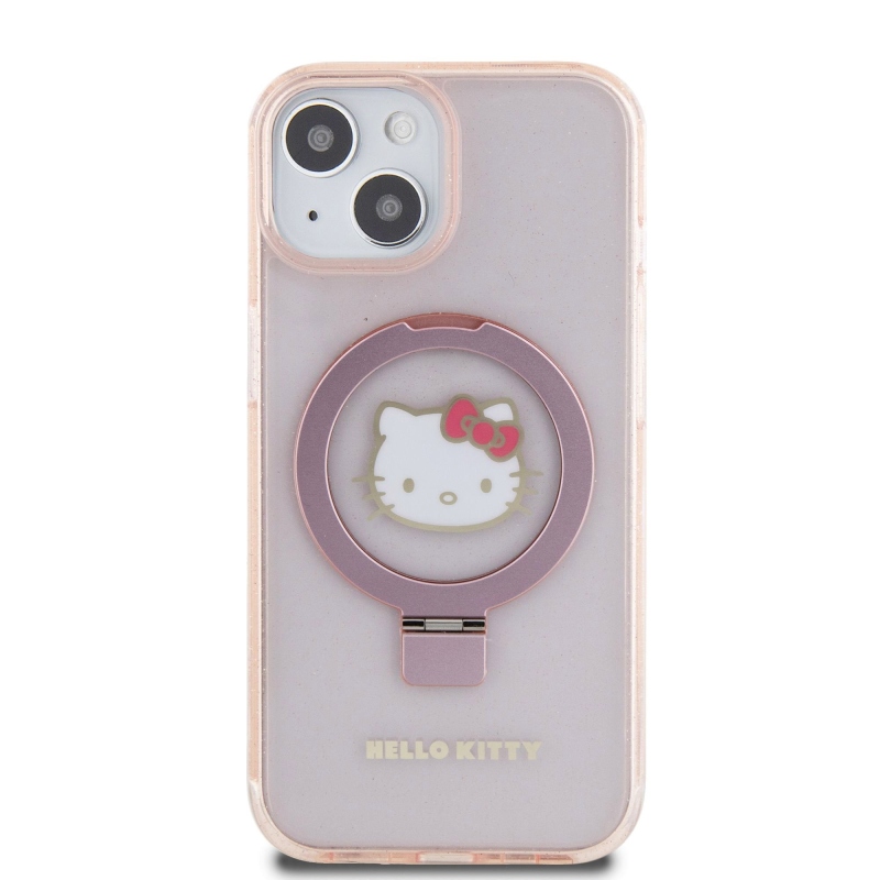 Hello Kitty IML Ringstand Glitter Kitty Head Logo MagSafe Zadný Kryt pre iPhone 15 Pink