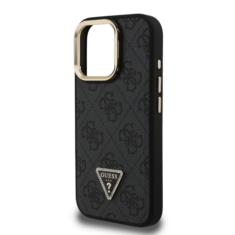 Guess PU 4G Strass Triangle Logo Stand Camera Frame MagSafe Zadný Kryt pre iPhone 15 Pro Black