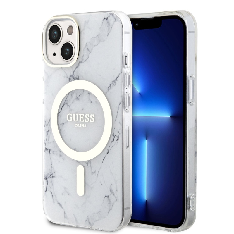 Guess IML Marble MagSafe Zadný Kryt pre iPhone 13 White