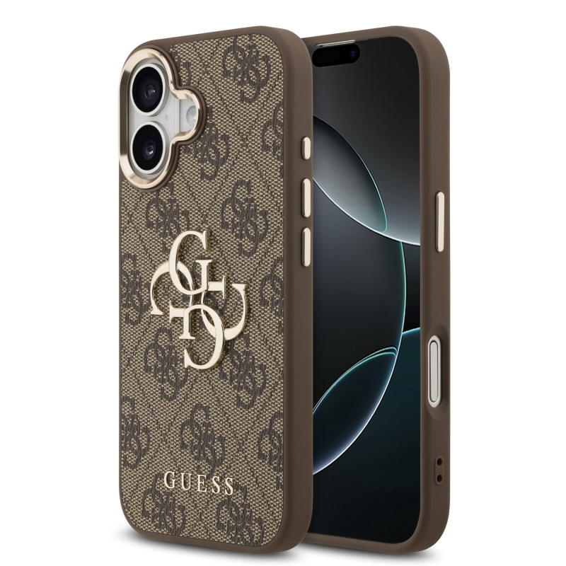 Guess PU kožený 4G kovové logo Gold Frame zadný kryt pre iPhone 17 Brown