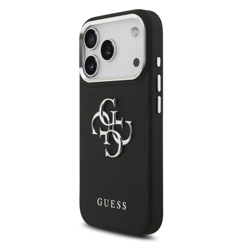 Guess PU zrnitý 4G kovový zadný kryt s logom pre iPhone 17 Pro Black