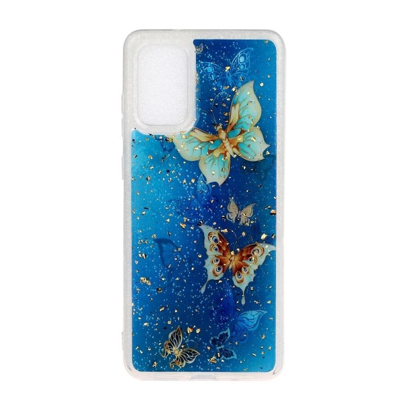 Glitter gélový obal na mobil Samsung Galaxy S20 - modrý motýľ