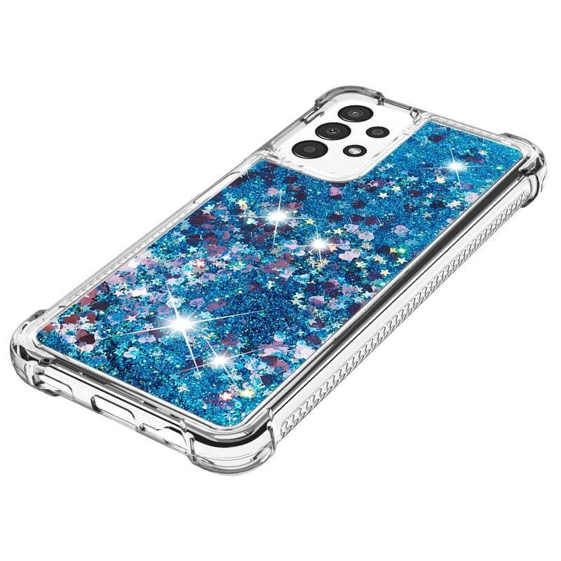 Glitter gélový presýpací obal na mobil Samsung Galaxy A13 4G - modrý/srdiečka