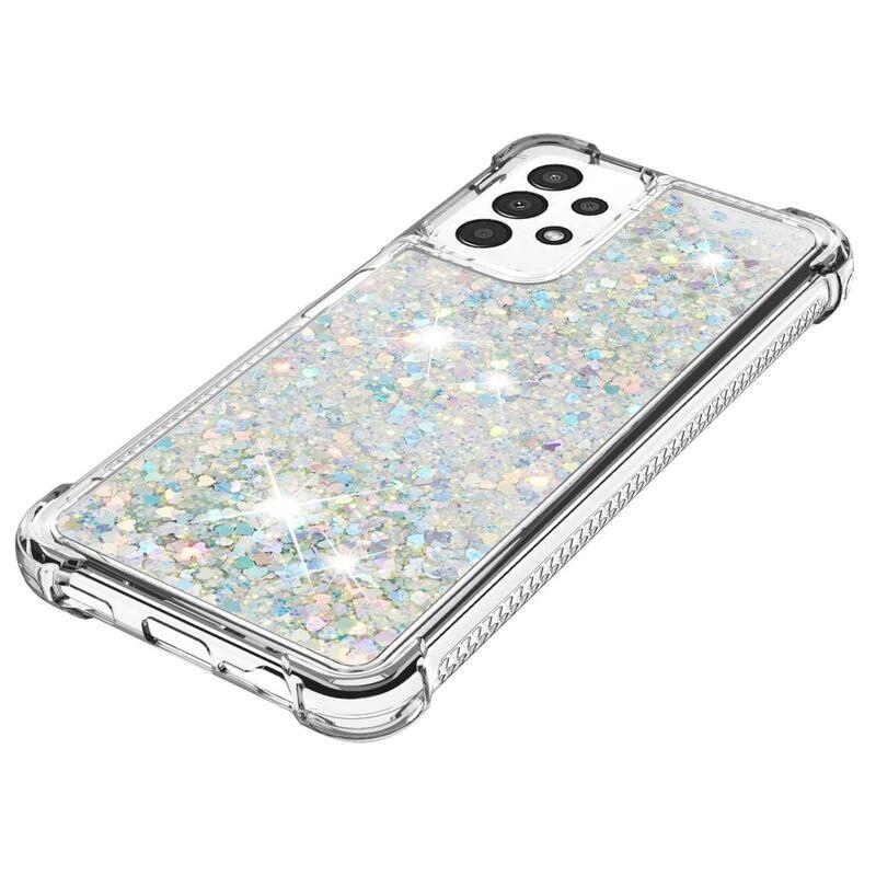 Glitter gélový presýpací obal na mobil Samsung Galaxy A13 4G - strieborný/srdiečka