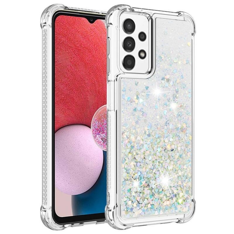 Glitter gélový presýpací obal na mobil Samsung Galaxy A13 4G - strieborný/srdiečka