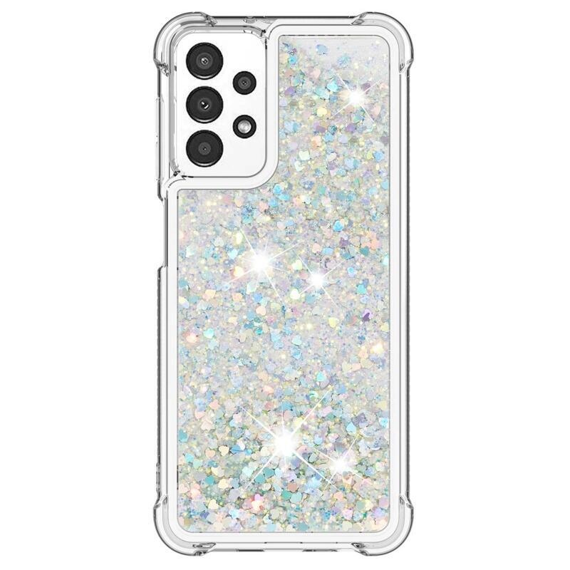 Glitter gélový presýpací obal na mobil Samsung Galaxy A13 4G - strieborný/srdiečka