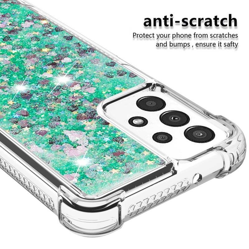 Glitter gélový presýpací obal na mobil Samsung Galaxy A13 4G - zelený/srdiečka