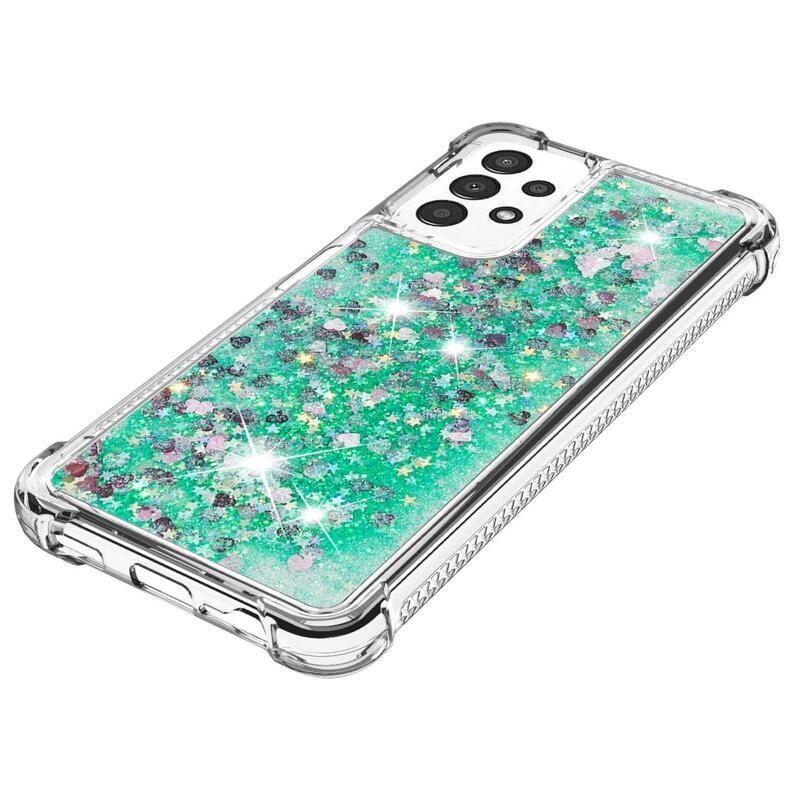 Glitter gélový presýpací obal na mobil Samsung Galaxy A13 4G - zelený/srdiečka