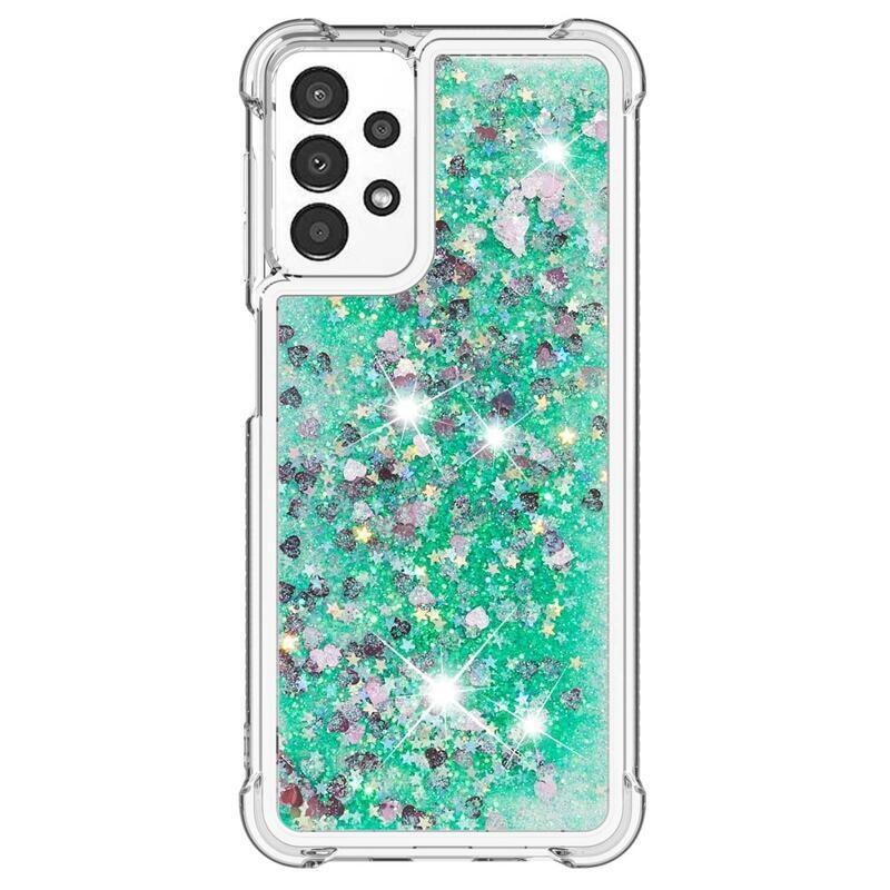 Glitter gélový presýpací obal na mobil Samsung Galaxy A13 4G - zelený/srdiečka