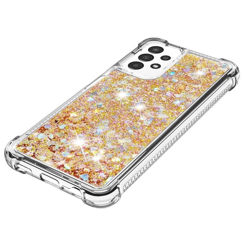 Glitter gélový presýpací obal na mobil Samsung Galaxy A13 4G - zlatý/srdiečka