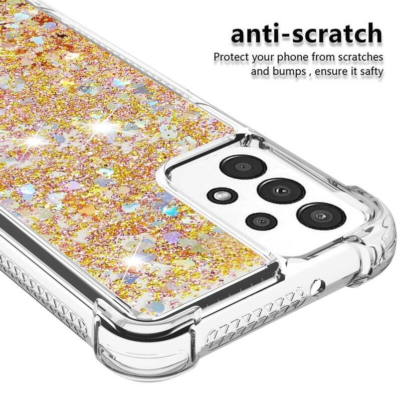 Glitter gélový presýpací obal na mobil Samsung Galaxy A13 4G - zlatý/srdiečka