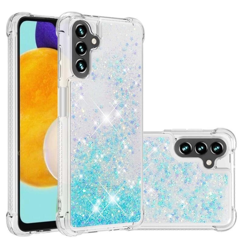 Glitter gélový presýpací obal na mobil Samsung Galaxy A13 5G/Galaxy A04s (164.7 x 76.7 x 9.1 mm) - modrý/hviezdičky