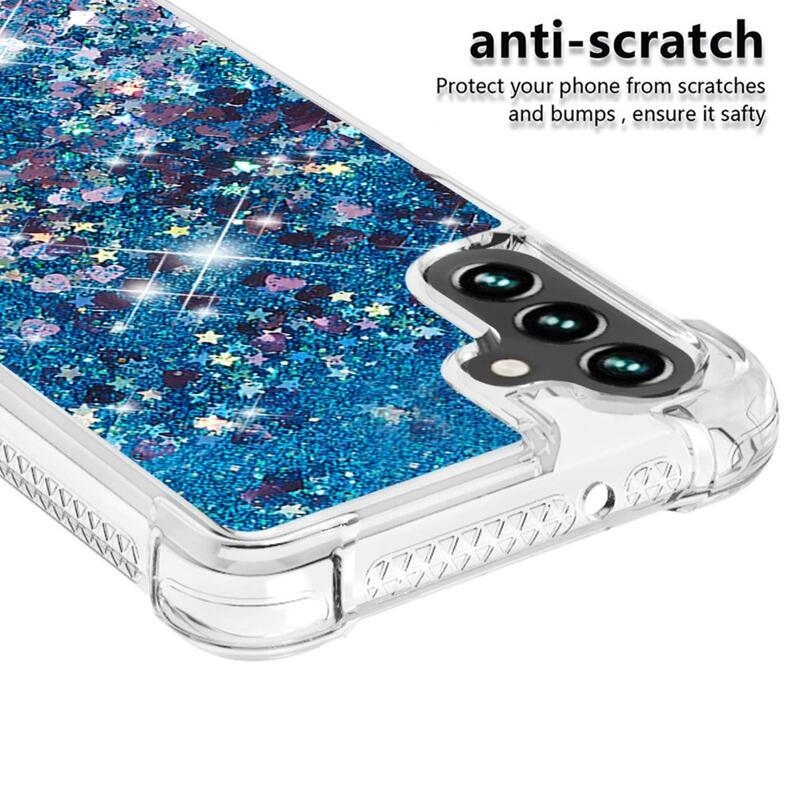 Glitter gélový presýpací obal na mobil Samsung Galaxy A13 5G/Galaxy A04s (164.7 x 76.7 x 9.1 mm) - modrý/srdiečka