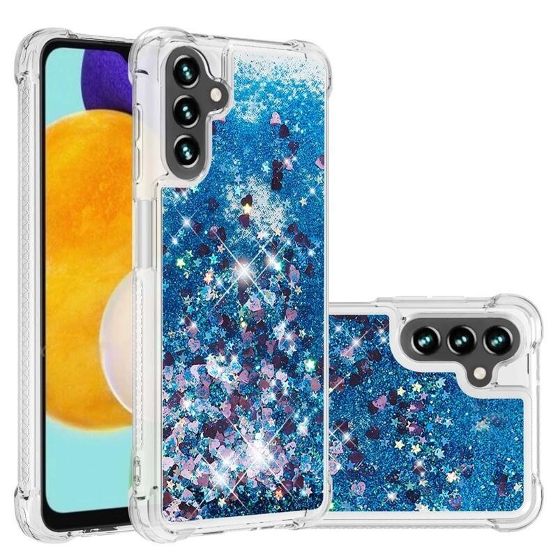 Glitter gélový presýpací obal na mobil Samsung Galaxy A13 5G/Galaxy A04s (164.7 x 76.7 x 9.1 mm) - modrý/srdiečka