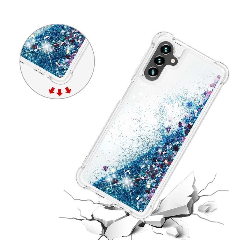 Glitter gélový presýpací obal na mobil Samsung Galaxy A13 5G/Galaxy A04s (164.7 x 76.7 x 9.1 mm) - modrý/srdiečka