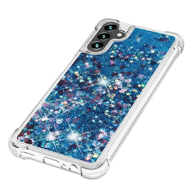 Glitter gélový presýpací obal na mobil Samsung Galaxy A13 5G/Galaxy A04s (164.7 x 76.7 x 9.1 mm) - modrý/srdiečka