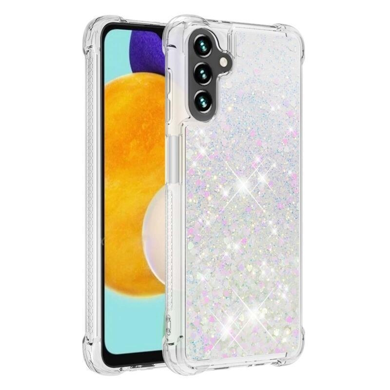 Glitter gélový presýpací obal na mobil Samsung Galaxy A13 5G/Galaxy A04s (164.7 x 76.7 x 9.1 mm) - ružovo strieborný/srdiečka