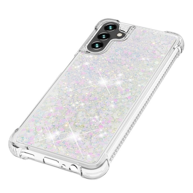 Glitter gélový presýpací obal na mobil Samsung Galaxy A13 5G/Galaxy A04s (164.7 x 76.7 x 9.1 mm) - ružovo strieborný/srdiečka