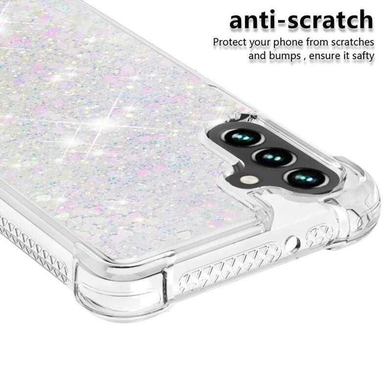 Glitter gélový presýpací obal na mobil Samsung Galaxy A13 5G/Galaxy A04s (164.7 x 76.7 x 9.1 mm) - ružovo strieborný/srdiečka