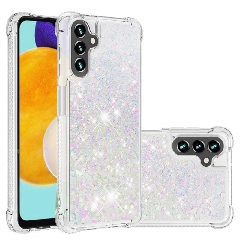 Glitter gélový presýpací obal na mobil Samsung Galaxy A13 5G/Galaxy A04s (164.7 x 76.7 x 9.1 mm) - ružovo strieborný/srdiečka