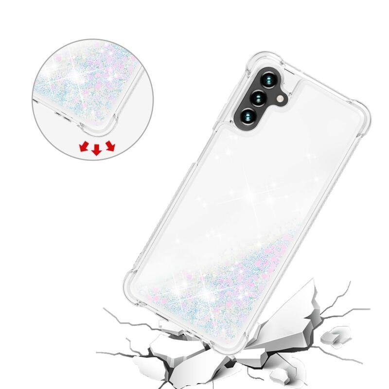 Glitter gélový presýpací obal na mobil Samsung Galaxy A13 5G/Galaxy A04s (164.7 x 76.7 x 9.1 mm) - ružovo strieborný/srdiečka