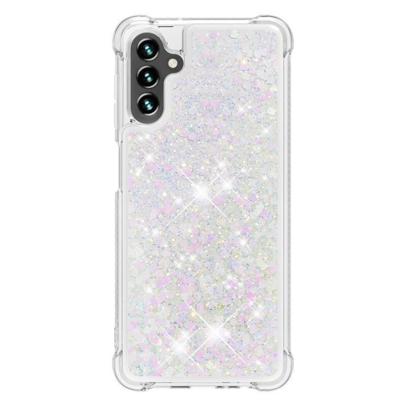 Glitter gélový presýpací obal na mobil Samsung Galaxy A13 5G/Galaxy A04s (164.7 x 76.7 x 9.1 mm) - ružovo strieborný/srdiečka