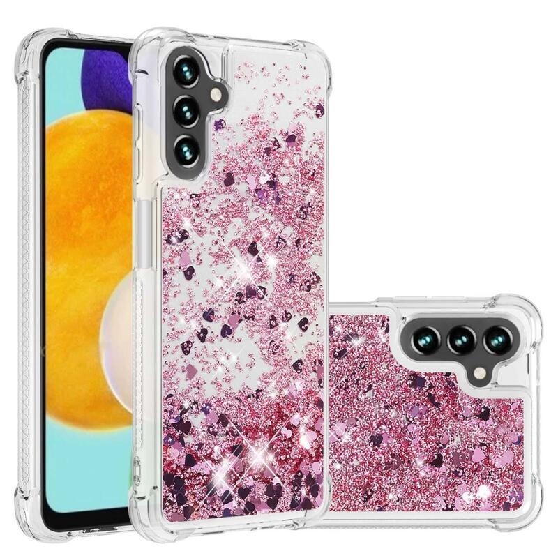 Glitter gélový presýpací obal na mobil Samsung Galaxy A13 5G/Galaxy A04s (164.7 x 76.7 x 9.1 mm) - ružovozlatý/srdiečka