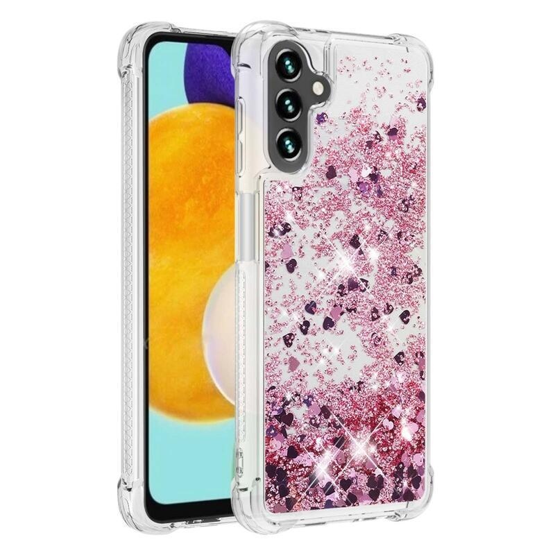 Glitter gélový presýpací obal na mobil Samsung Galaxy A13 5G/Galaxy A04s (164.7 x 76.7 x 9.1 mm) - ružovozlatý/srdiečka