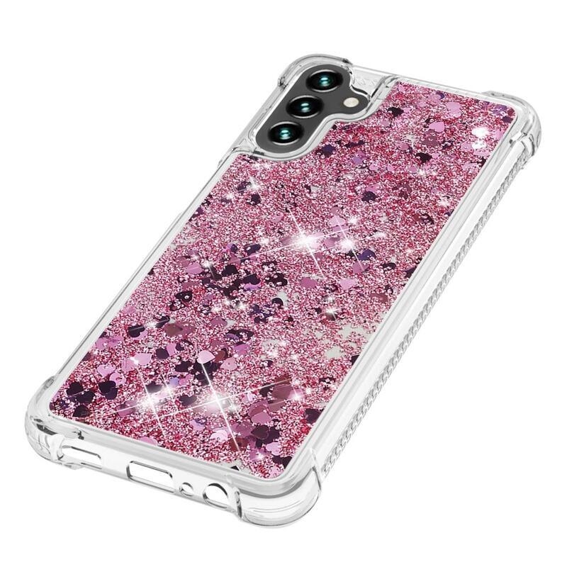 Glitter gélový presýpací obal na mobil Samsung Galaxy A13 5G/Galaxy A04s (164.7 x 76.7 x 9.1 mm) - ružovozlatý/srdiečka