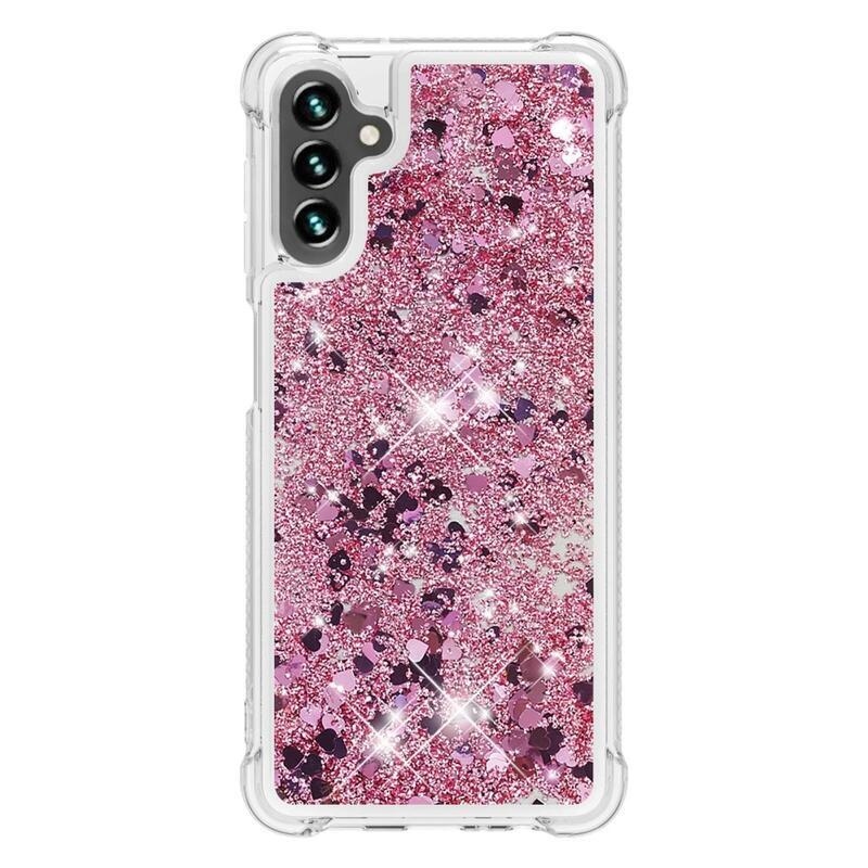 Glitter gélový presýpací obal na mobil Samsung Galaxy A13 5G/Galaxy A04s (164.7 x 76.7 x 9.1 mm) - ružovozlatý/srdiečka