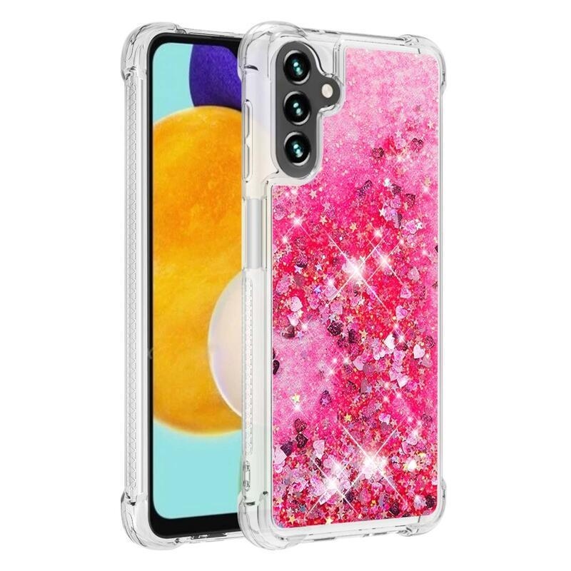 Glitter gélový presýpací obal na mobil Samsung Galaxy A13 5G/Galaxy A04s (164.7 x 76.7 x 9.1 mm) - ružový/srdiečka