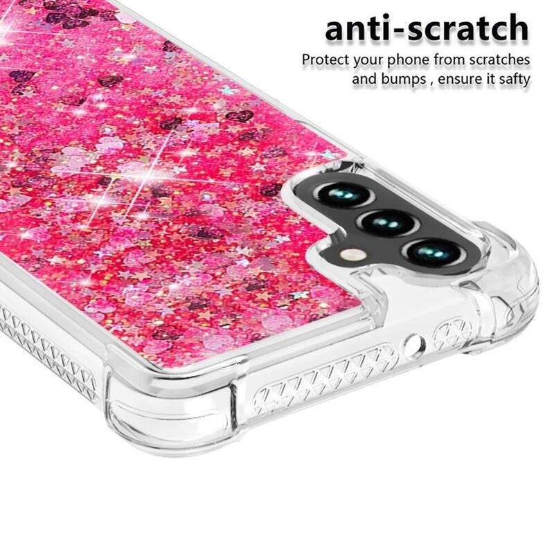 Glitter gélový presýpací obal na mobil Samsung Galaxy A13 5G/Galaxy A04s (164.7 x 76.7 x 9.1 mm) - ružový/srdiečka