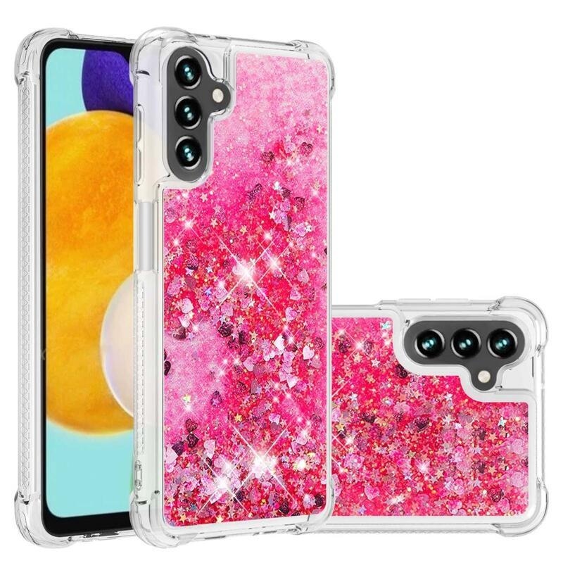 Glitter gélový presýpací obal na mobil Samsung Galaxy A13 5G/Galaxy A04s (164.7 x 76.7 x 9.1 mm) - ružový/srdiečka