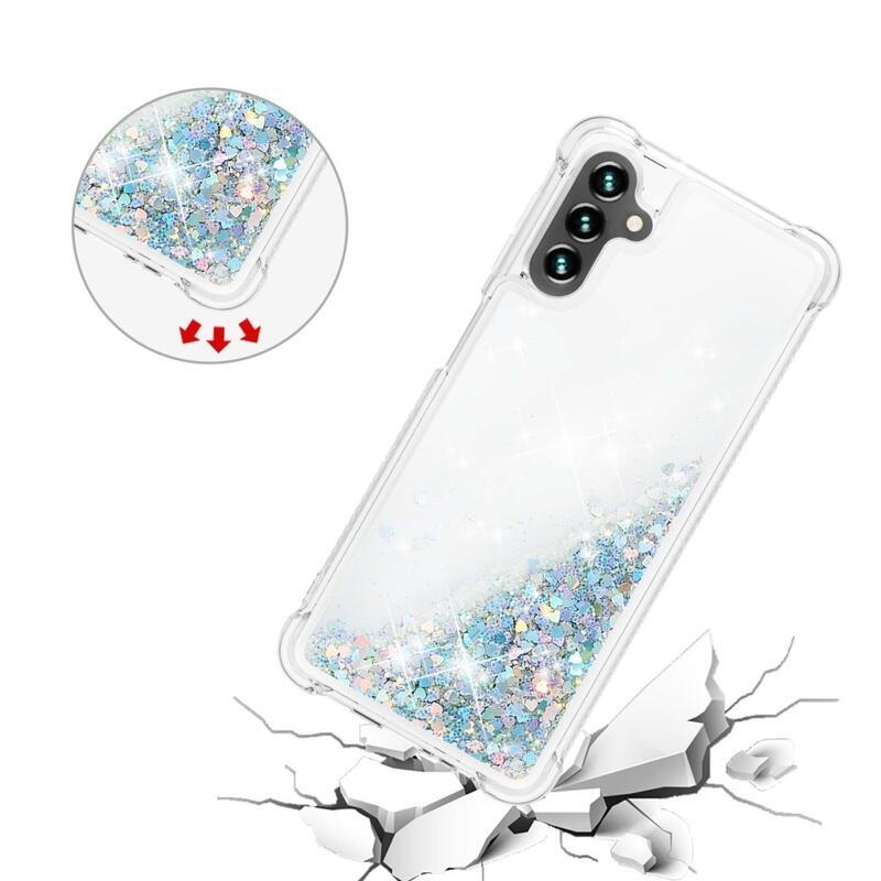 Glitter gélový presýpací obal na mobil Samsung Galaxy A13 5G/Galaxy A04s (164.7 x 76.7 x 9.1 mm) - strieborný/srdiečka