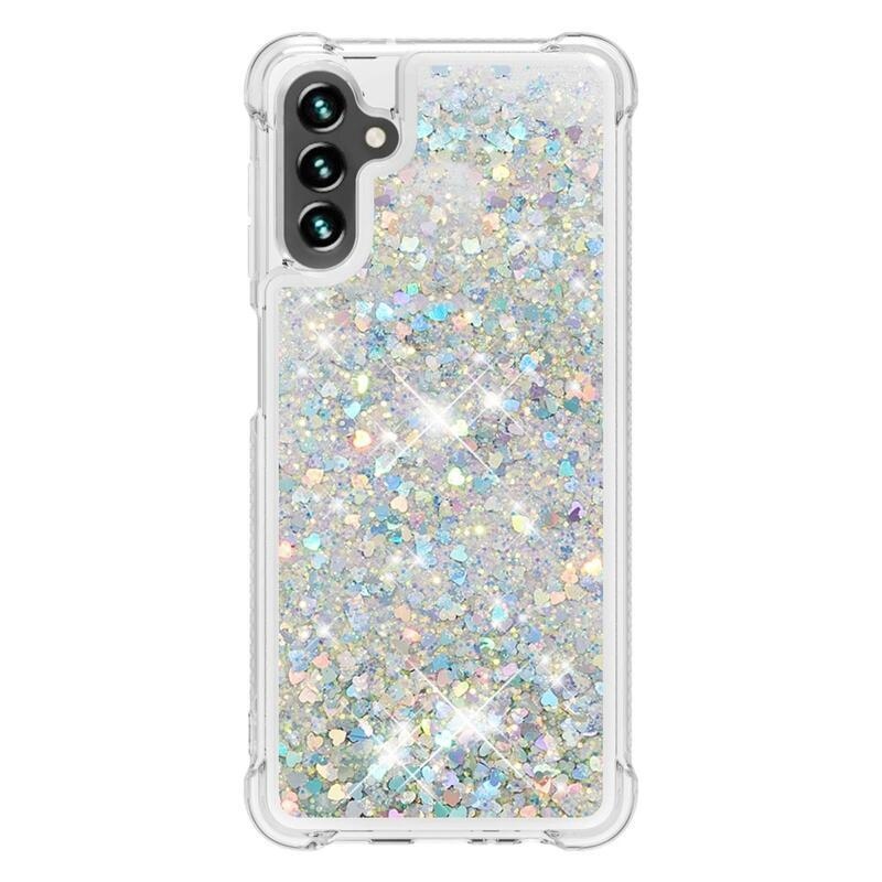 Glitter gélový presýpací obal na mobil Samsung Galaxy A13 5G/Galaxy A04s (164.7 x 76.7 x 9.1 mm) - strieborný/srdiečka