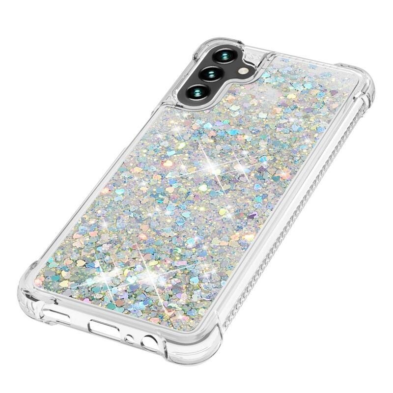 Glitter gélový presýpací obal na mobil Samsung Galaxy A13 5G/Galaxy A04s (164.7 x 76.7 x 9.1 mm) - strieborný/srdiečka