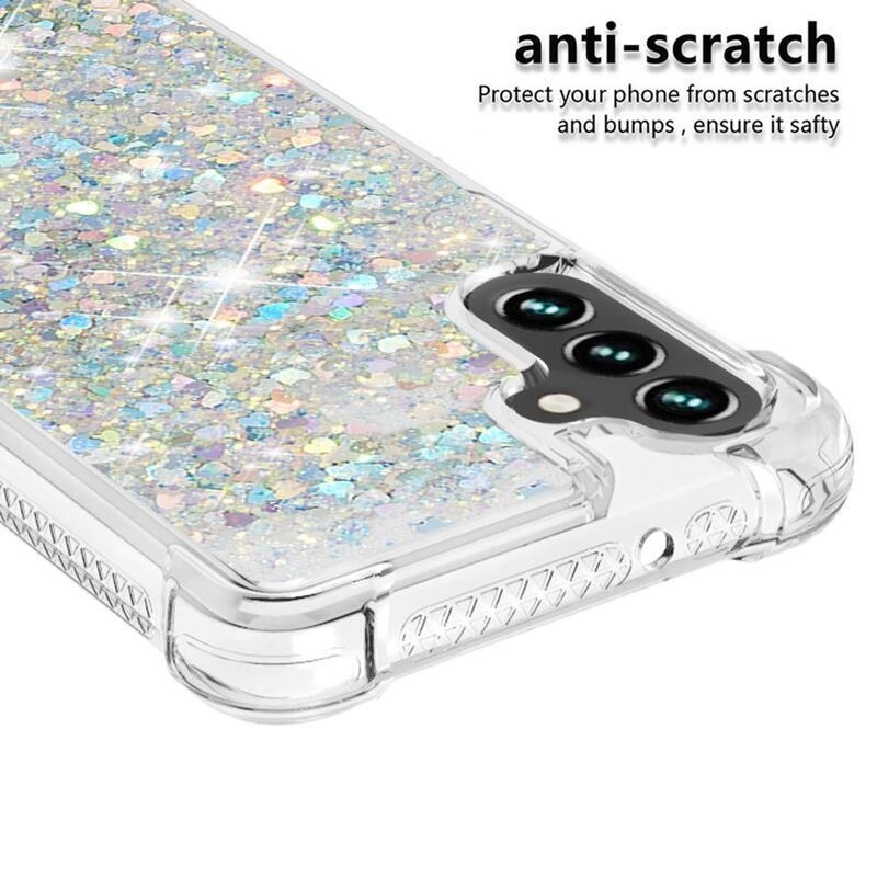 Glitter gélový presýpací obal na mobil Samsung Galaxy A13 5G/Galaxy A04s (164.7 x 76.7 x 9.1 mm) - strieborný/srdiečka